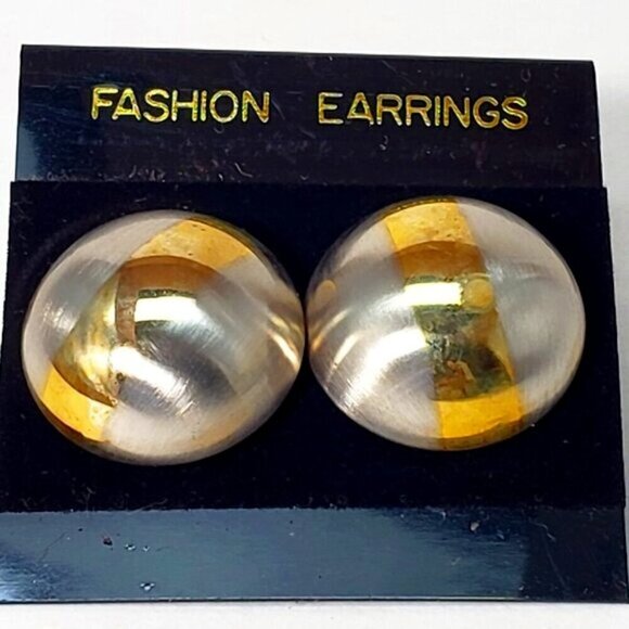 Gold, Silver Dual-Tone Stud Earrings Modern Stripe Design, 0.75” Fashion Jewelry - Picture 1 of 9